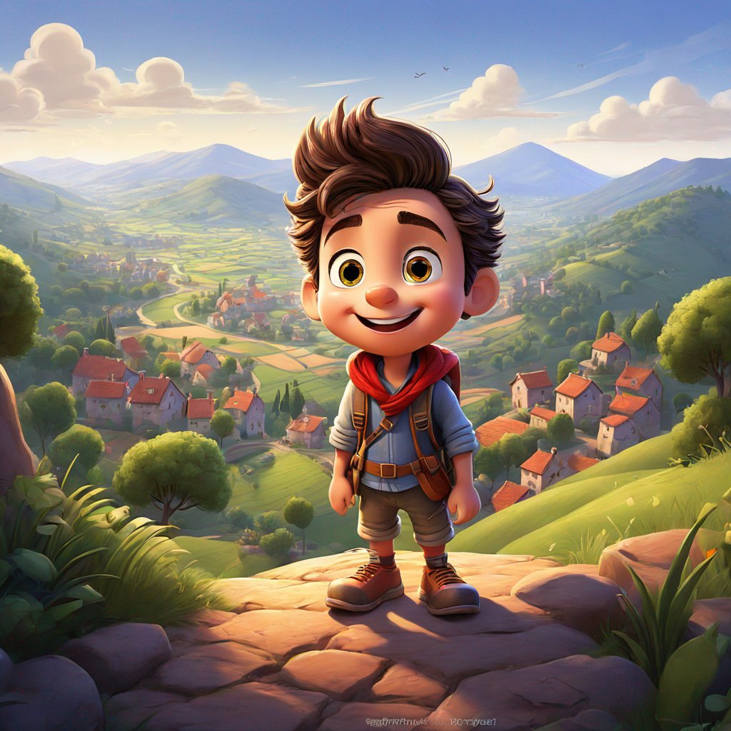 male, adventurous, standing, hill, overlooking village