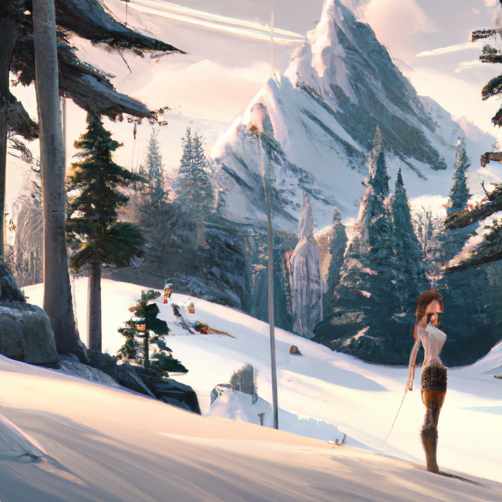 Smiling widely, Maria Luiza stared in awe at the breathtaking view of white mountains, crystal blue lakes, and majestic snow-covered evergreen trees stretching as far as the eye could see. in a painting from stalenhag, 8 k, hdr, artstation, concept art