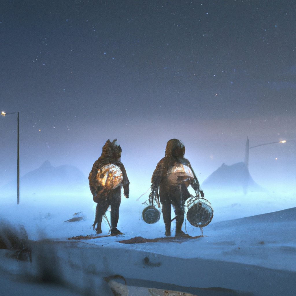 Caylum and Spencer, determined to find their lost footballs, set off on an adventurous quest through the cold, dark night. in a painting from stalenhag, 8 k, hdr, artstation, concept art