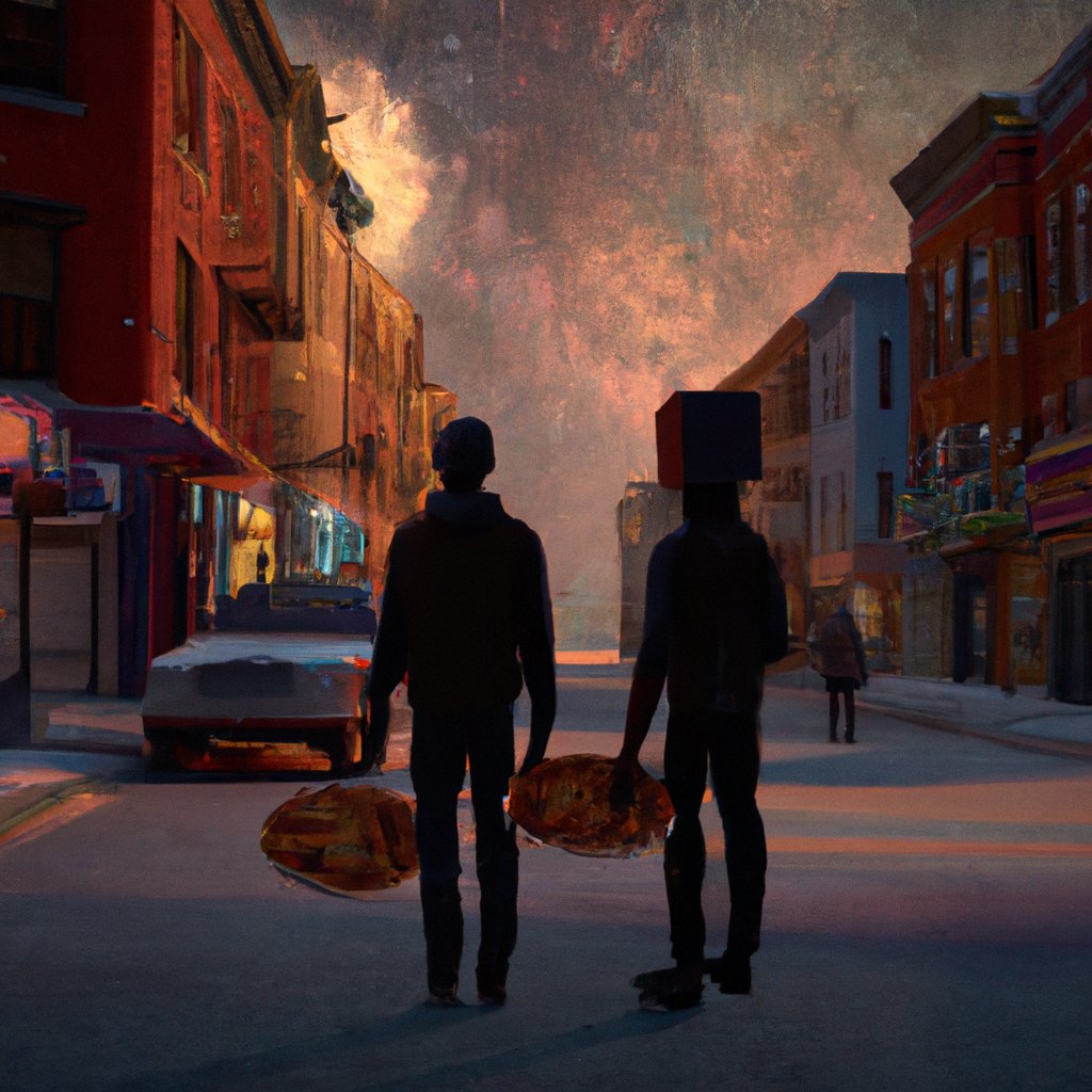 The two black men walked down the star-strewn street, eating pizza and sharing their thoughts on life's difficulties. in a painting from stalenhag, 8 k, hdr, artstation, concept art