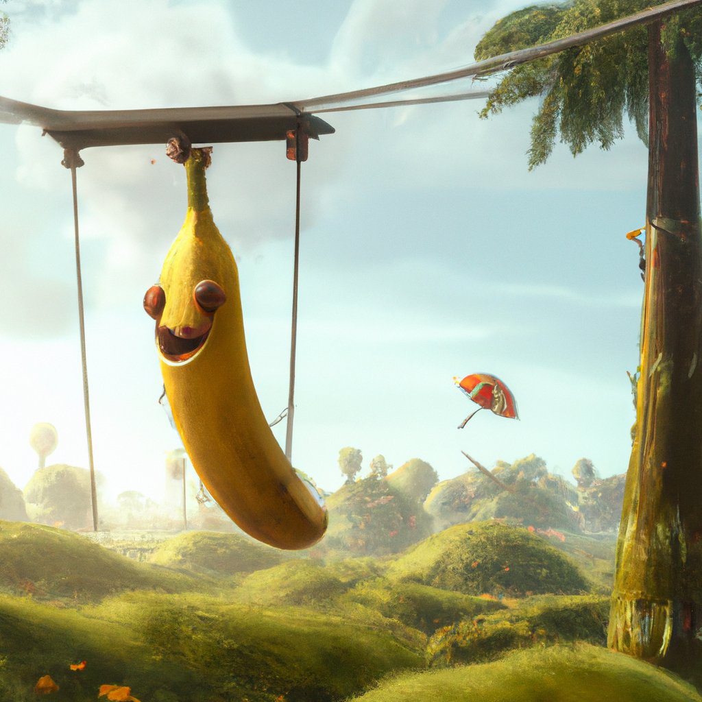 The innocent banana, always happy and content, swung joyfully through the tall trees of the tropical forest, playfully interacting with the animals around it. in a painting from stalenhag, 8 k, hdr, artstation, concept art