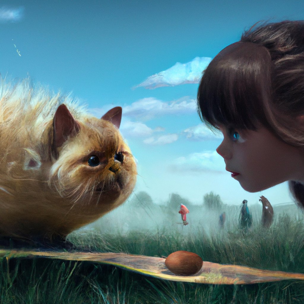 Sophie encountered an unexpected, peculiar creature with tufts of wispy brown fur, resembling a potato-cat hybrid. in a painting from stalenhag, 8 k, hdr, artstation, concept art