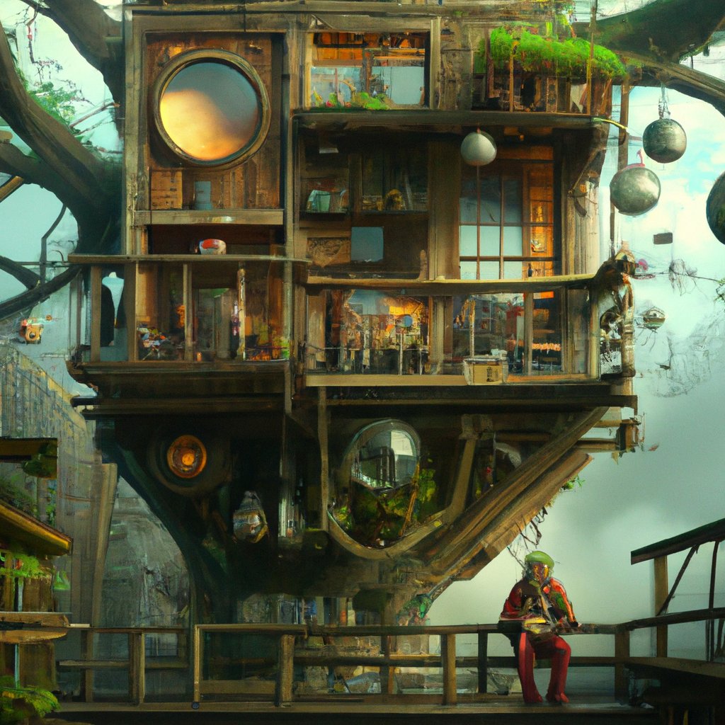 The old man's treehouse was a veritable museum of found and salvaged treasures, full of wondrous, fascinating gadgets, contraptions, and curios from eras long past, his eyes twinkling with nostalgia and tales of grand adventures from around the world.