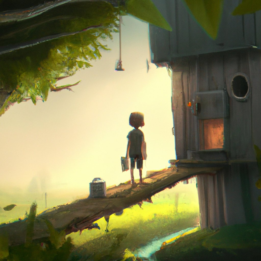 The illustration depicted the boy with a wide grin on his face, walking away from a treehouse amidst mysterious, magical woods, with an understanding between the two that was shared through knowing smiles.