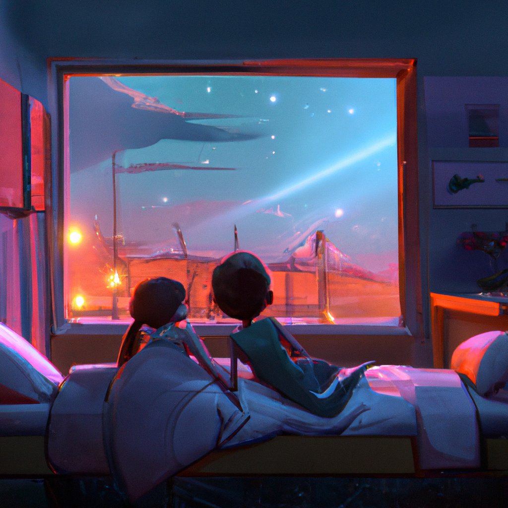 Ella and John, mesmerized, lay in bed admiring the twinkling stars in the night sky, asking, "What are those?" in a painting from stalenhag, 8 k, hdr, artstation, concept art