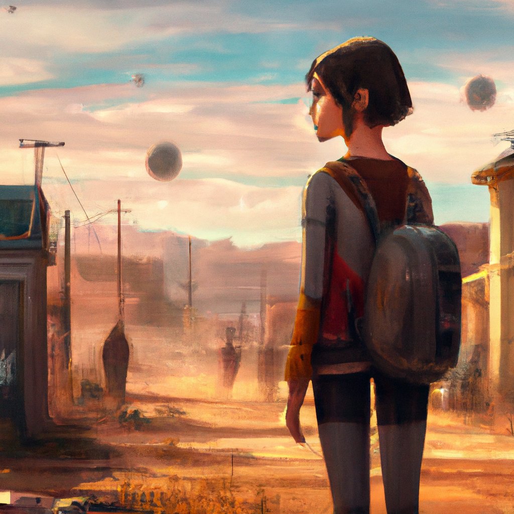 Anmol, the beautiful and determined young girl, dreamt of conquering the world despite all life's obstacles in a small village on the outskirts of the city. in a painting from stalenhag, 8 k, hdr, artstation, concept art