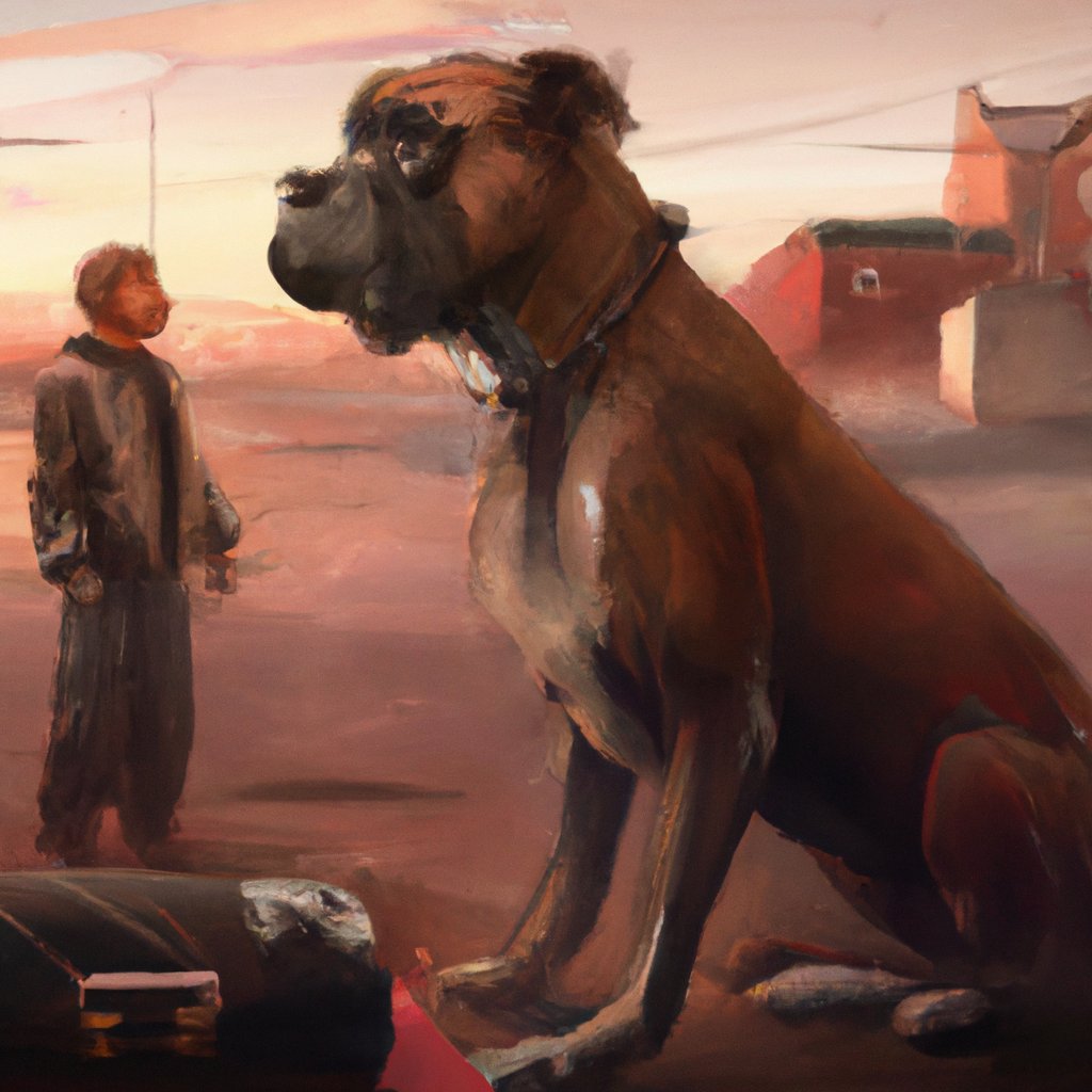 Simon, the loyal boxer dog with an incredible spirit, was beloved by his family and all who knew him. in a painting from stalenhag, 8 k, hdr, artstation, concept art