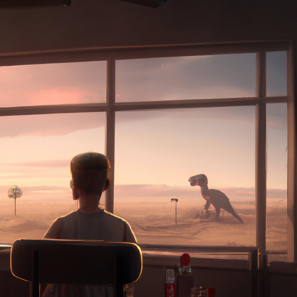 William gazed out his window dreamily, eagerly imagining a magical journey with the dinosaurs he loved so much, in the far-off land beyond the horizon. in a painting from stalenhag, 8 k, hdr, artstation, concept art