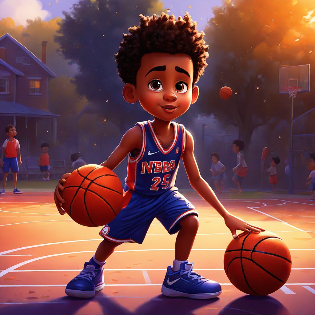 painting, male, dribbling basketball, early morning light, determination, dreams of becoming NBA star