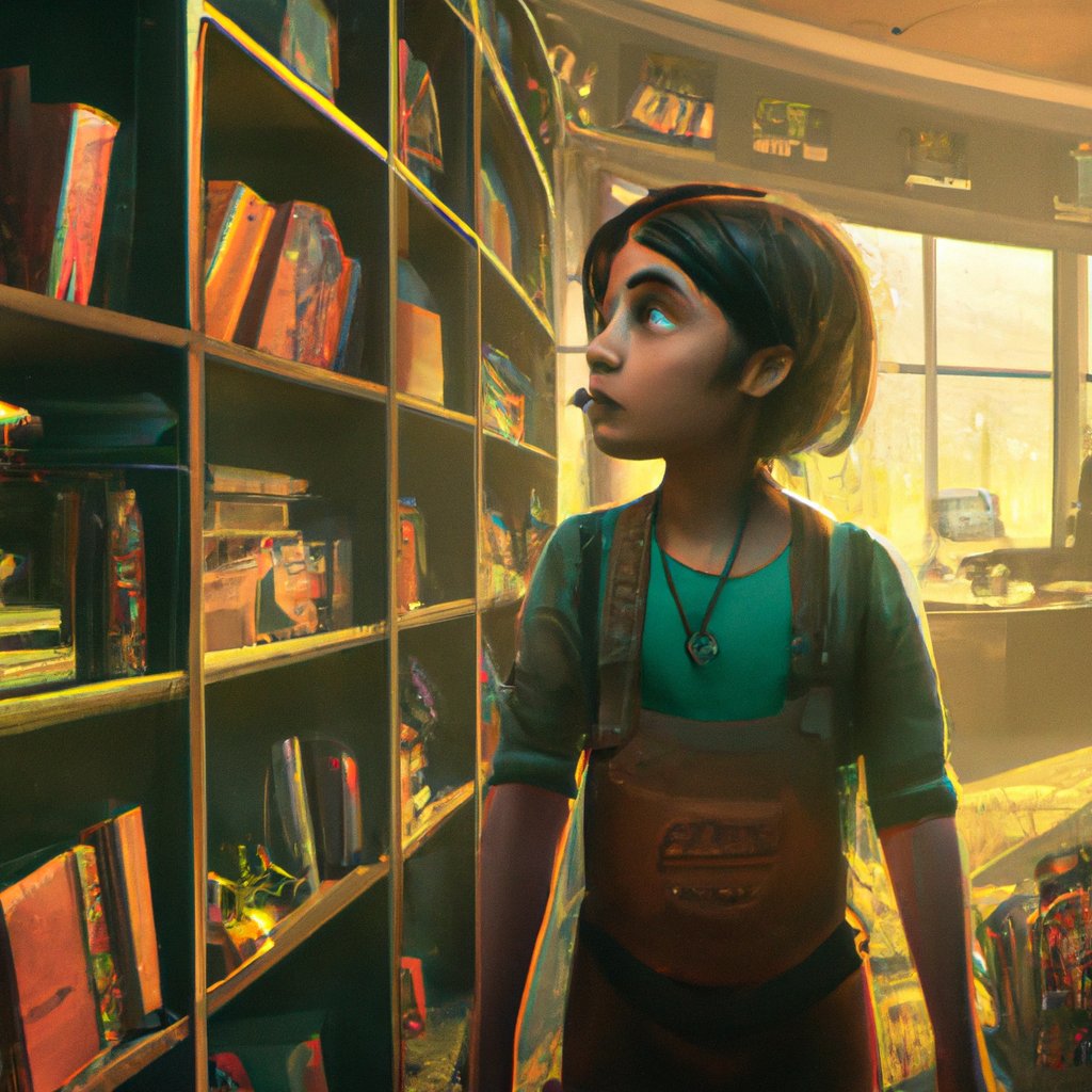 Aarohi, 8 years old, was hesitant yet excited and curious, as she stepped into the library with Mara for the first time, amazed by the diverse collection of books from around the globe. in a painting from stalenhag, 8 k, hdr, artstation, concept art