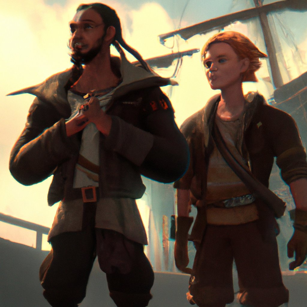 In the illustration, two young pirates, David and Jay, stand together, side-by-side, smiling excitedly at their bright future of exploration and adventure on the open seas. in a painting from stalenhag, 8 k, hdr, artstation, concept art