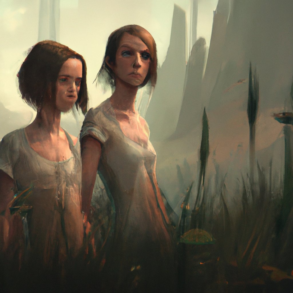 The two sisters, Eira and Utsa, were inseparable companions who, despite their close bond, would quarrel fiercely over the smallest matters. in a painting from stalenhag, 8 k, hdr, artstation, concept art