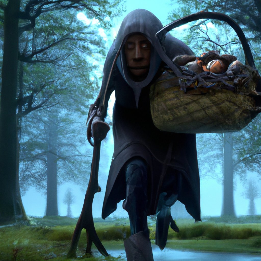 The witch was depicted in the illustration as an old, greedy and determined woman, clutching a basket of chocolate and trudging through a dark forest. in a painting from stalenhag, 8 k, hdr, artstation, concept art