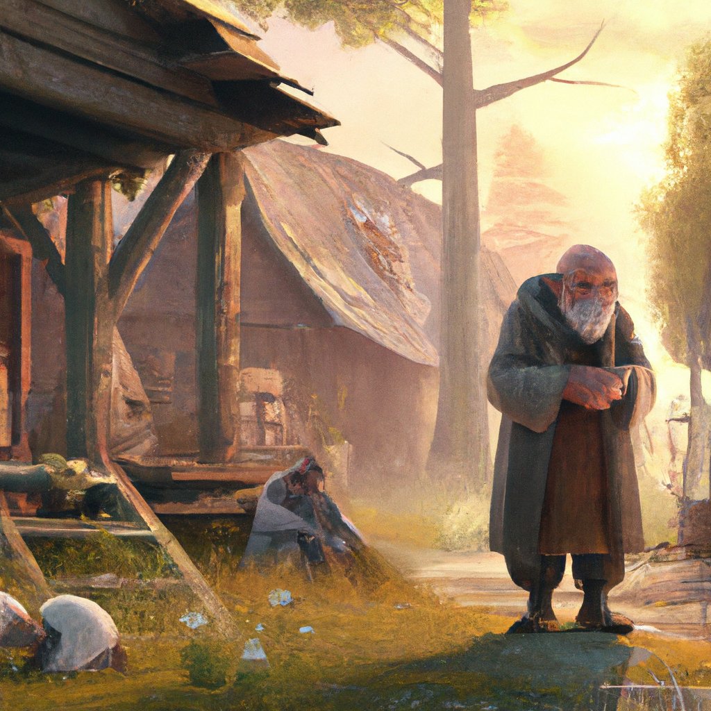 The illustration showed the old man in the small village, benevolent and wise, surrounded by his riches but still willing to share generously with those in need.