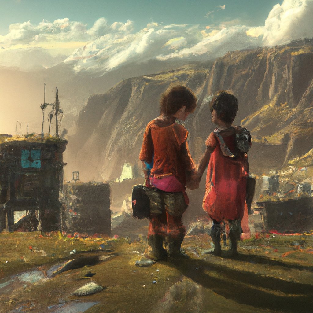 The two children, Sahishnu and Dhruvi, both living in the same idyllic Himalayan village, were yet to meet each other for the first time. in a painting from stalenhag, 8 k, hdr, artstation, concept art