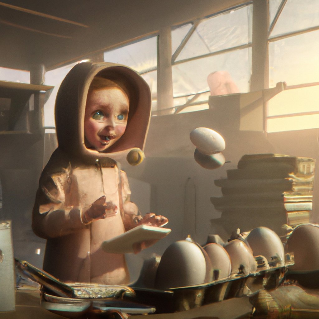 Myley was a small, happy girl who adored eggs, eating them for every meal with enthusiasm. in a painting from stalenhag, 8 k, hdr, artstation, concept art