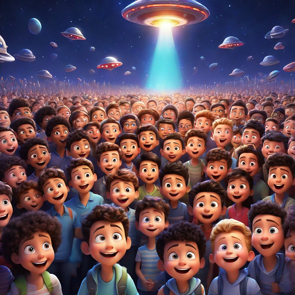 crowd of citizens, wide-eyed, awe, relief, alien spaceship, hovering, voice offering comfort, reassurance