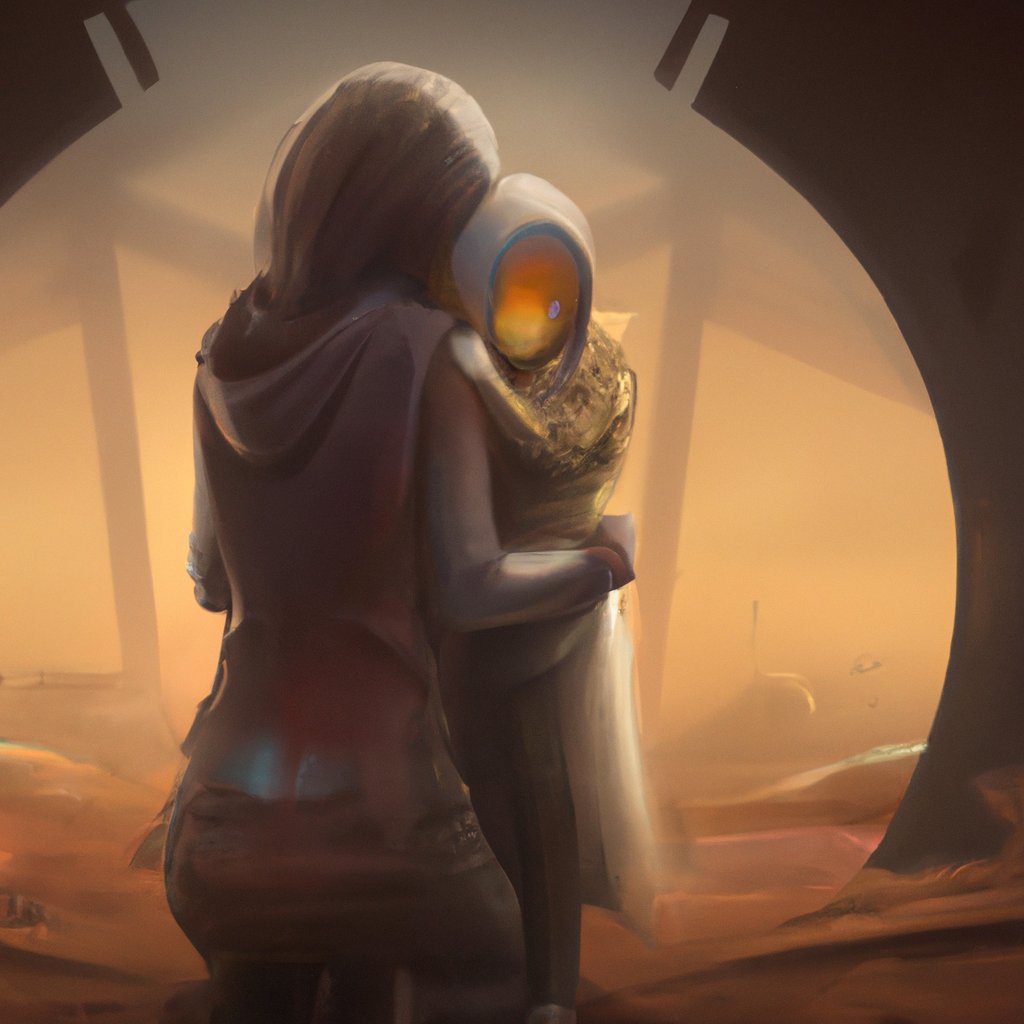 In the illustration, Haneen and Mama embrace tenderly, surrounded by a warm, protective glow, as Haneen pledges her commitment to truthfulness. in a painting from stalenhag, 8 k, hdr, artstation, concept art