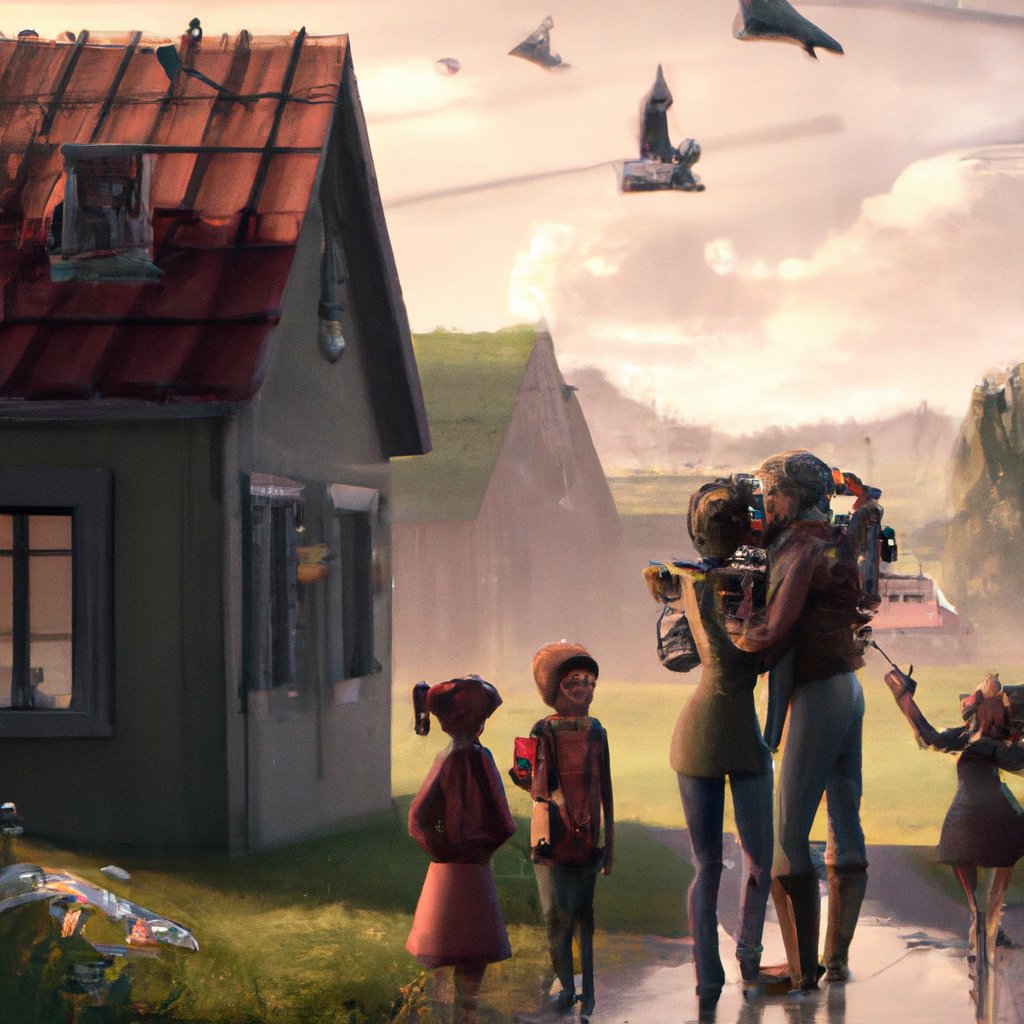 The woman, her loving husband, and their three beautiful children joyfully embraced each other in their quaint, countryside home. in a painting from stalenhag, 8 k, hdr, artstation, concept art