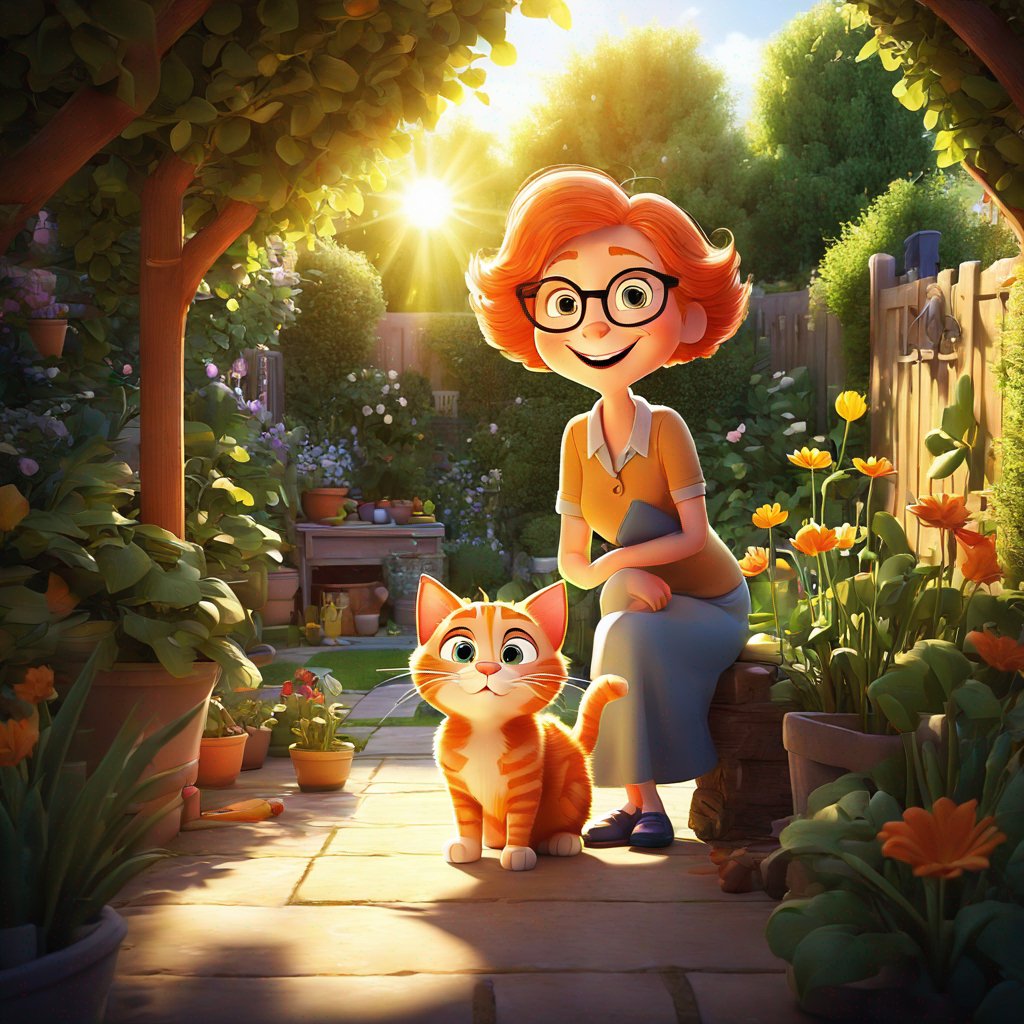 elderly woman, garden, ginger cat, sunlight