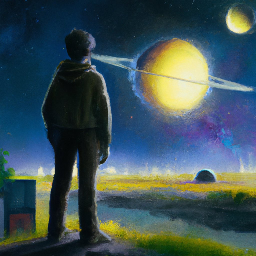 In the illustration, Castiel was wide-eyed and awestruck, looking up at a twinkling night sky of planets, stars, and galaxies, his imagination captivated by the vastness of the solar system. in a painting from stalenhag, 8 k, hdr, artstation, concept art