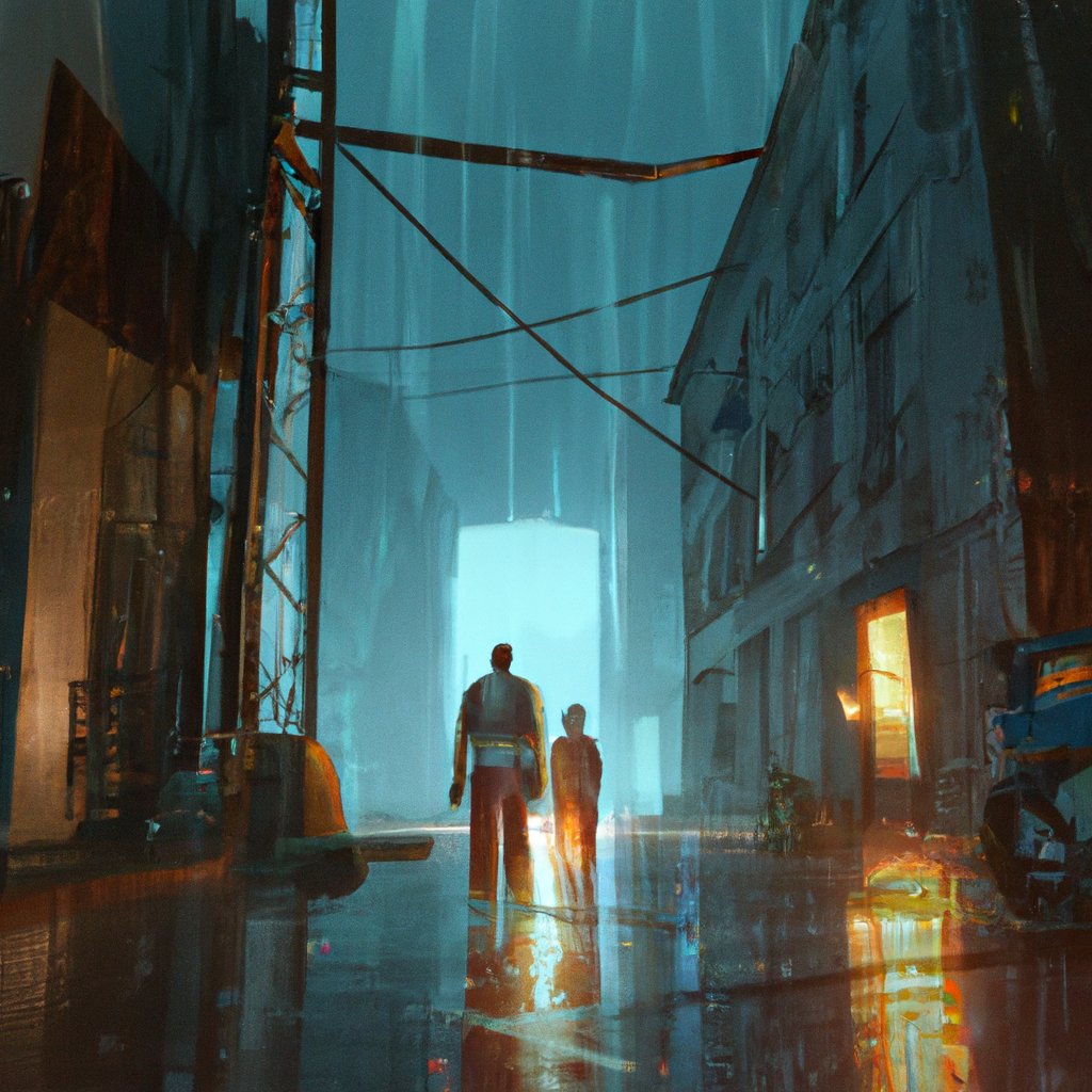 The two heroes leapt into the alleyway, illuminated by flashes of lightning, to investigate the mysterious sound. in a painting from stalenhag, 8 k, hdr, artstation, concept art