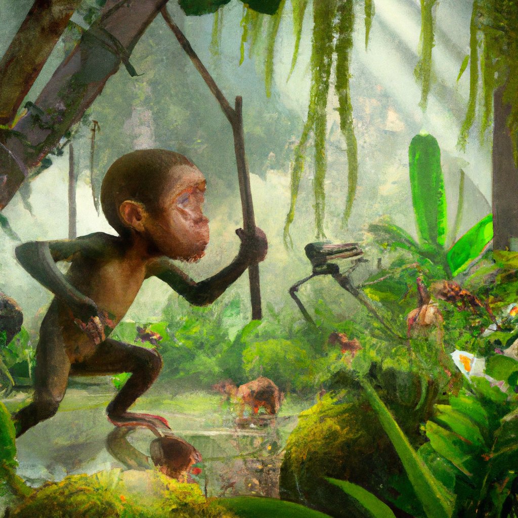 In the lush, green rainforest, the mischievous little monkey, Holly, caused chaos with her playful antics. in a painting from stalenhag, 8 k, hdr, artstation, concept art