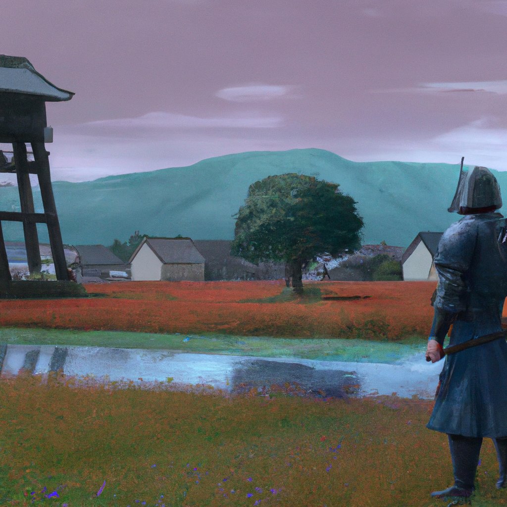 An illustration of a fierce warrior standing in a tranquil village, with an unknown figure in the background, capturing the legacy of the invincible Kyoto Warrior.