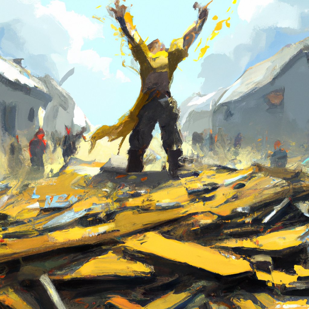 In the illustration, a triumphant hero stands amidst chaotic rubble and cheering villagers, triumphantly celebrating a hard-won victory.