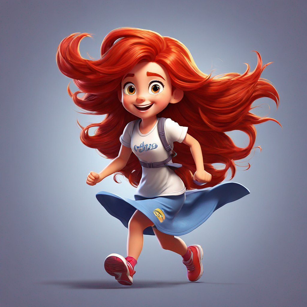 running girl, mischievous expression, red hair, wind