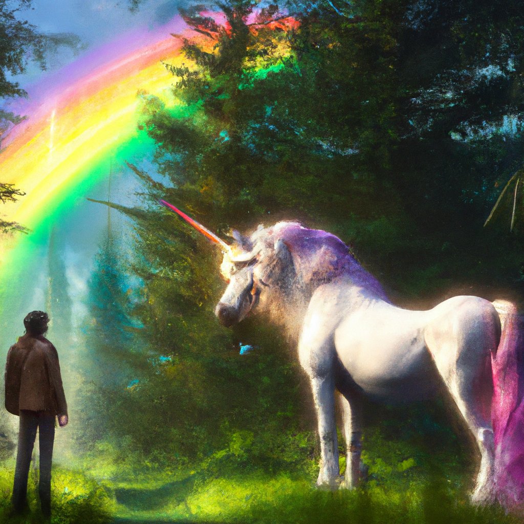 Soleil stood in awe of the majestic white unicorn with its shimmering, rainbow-hued mane and tail, that she had discovered in a secret glade deep within the woods. in a painting from stalenhag, 8 k, hdr, artstation, concept art