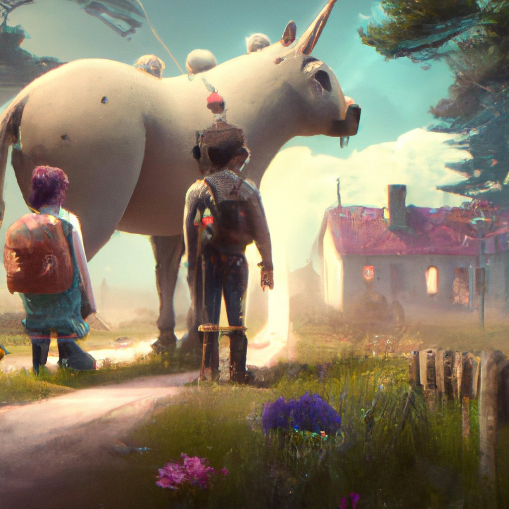 Ellie and Bubba, two daring best friends, eagerly set off on an exciting quest to find a mysterious lost unicorn in the nearby woods. in a painting from stalenhag, 8 k, hdr, artstation, concept art