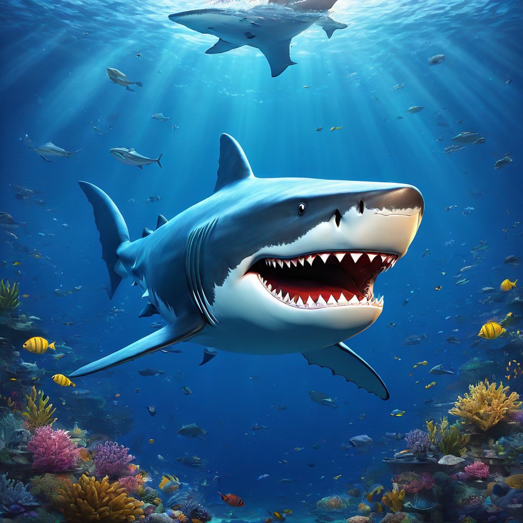 massive Megalodon, male, swimming peacefully, deep blue ocean, impressive scale, presence