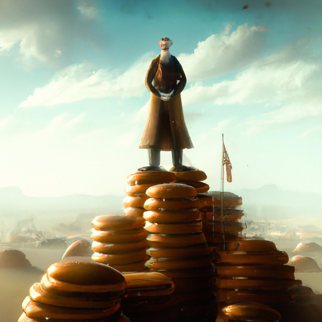 A smug, confident Jack, dressed in an expensive suit, stands proudly atop a mountain of gold coins and cash, boasting about his success as a venture capitalist. in a painting from stalenhag, 8 k, hdr, artstation, concept art