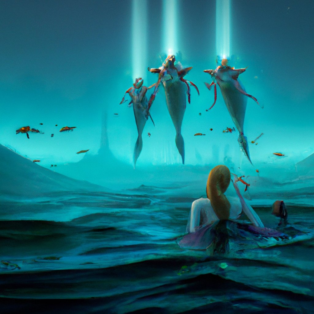 The mermaid family swam gracefully, discovering the wonders of the deep blue sea, their eyes twinkling with delight as they uncovered its secrets. in a painting from stalenhag, 8 k, hdr, artstation, concept art