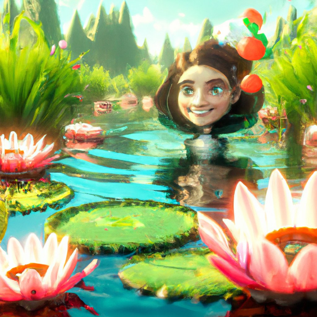 The illustration showed Gertie joyfully swimming around the pond, surrounded by brightly colored flowers and lily pads, with a peaceful smile on her face. in a painting from stalenhag, 8 k, hdr, artstation, concept art