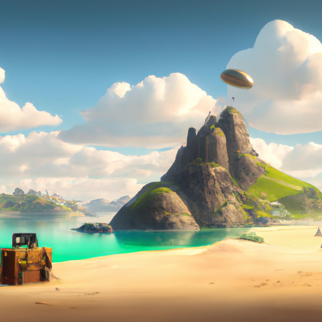 On Cheese Island, Toasty enjoyed the sunny, sandy beaches, lush green hills and bright blue ocean. in a painting from stalenhag, 8 k, hdr, artstation, concept art