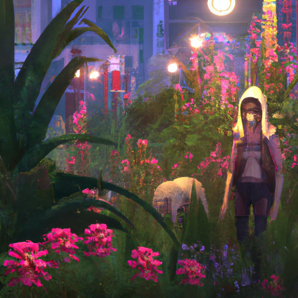 Eliana curiously explored the enchanting, exotic garden of lush greenery and vibrant flowers one night, hoping to uncover the mysterious surprise she had spotted out of the corner of her eye. in a painting from stalenhag, 8 k, hdr, artstation, concept art