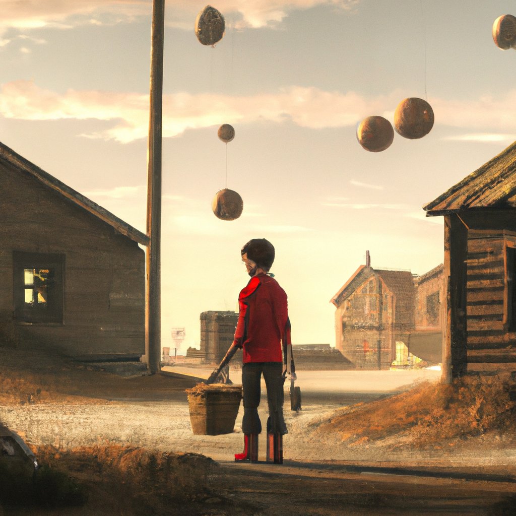 The young boy stood out from the others with his two red, vibrant baskets, which no one else in the small village had. in a painting from stalenhag, 8 k, hdr, artstation, concept art