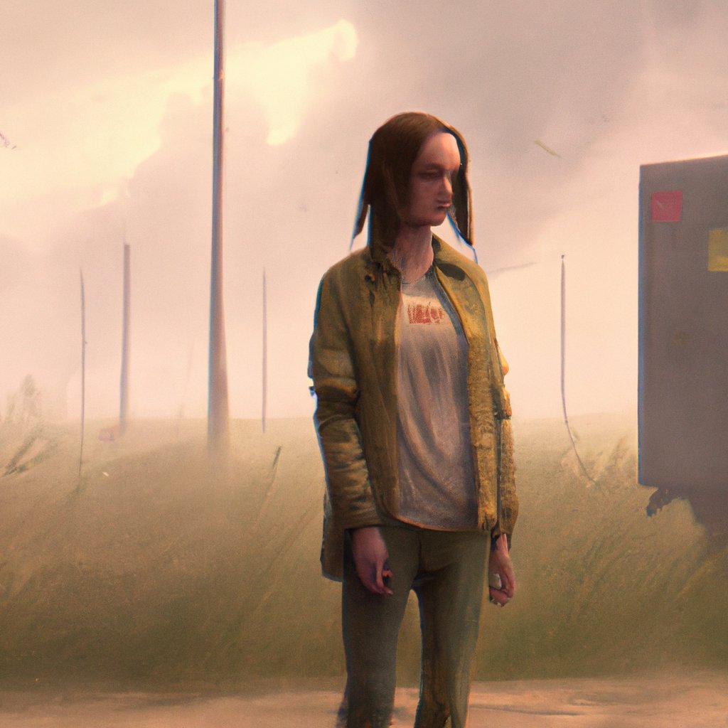 Bria, pale-faced and trembling with fear, stood before her boyfriend Harry, her voice wavering as she uttered, "I don't feel well." in a painting from stalenhag, 8 k, hdr, artstation, concept art