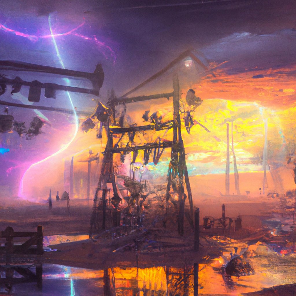 A vivid, surreal scene of a brightly colored sky with an electrical storm raging, etc.