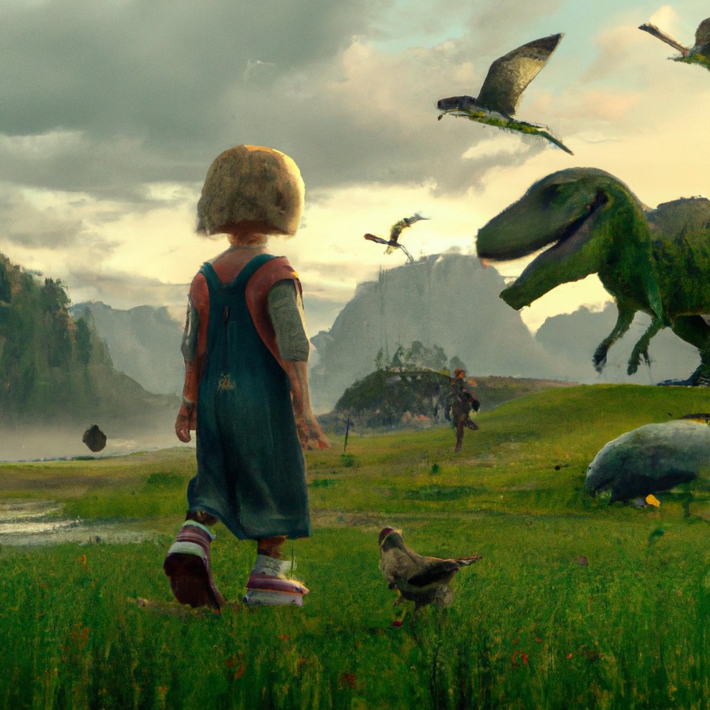 Suzanne, the four-year-old girl with a love for exploration, was out on an adventure with her four furry friends; Croco the crocodile, Viking the dinosaur, Nina the butterfly, and Rocky the dog. in a painting from stalenhag, 8 k, hdr, artstation, concept art