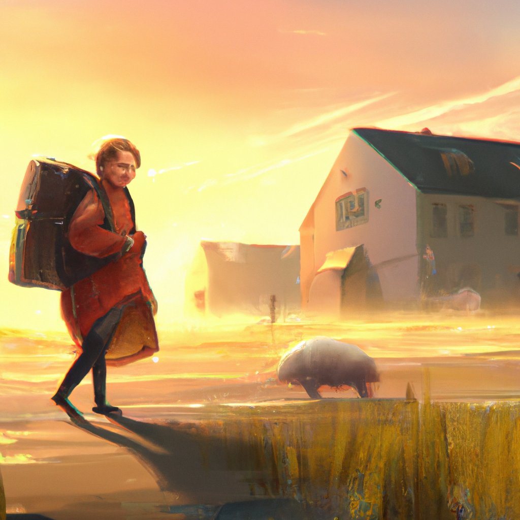 Abby, desperate and wary, trudged away from her former home with nothing but the clothes on her back and a heavy burden of fear and dread. in a painting from stalenhag, 8 k, hdr, artstation, concept art