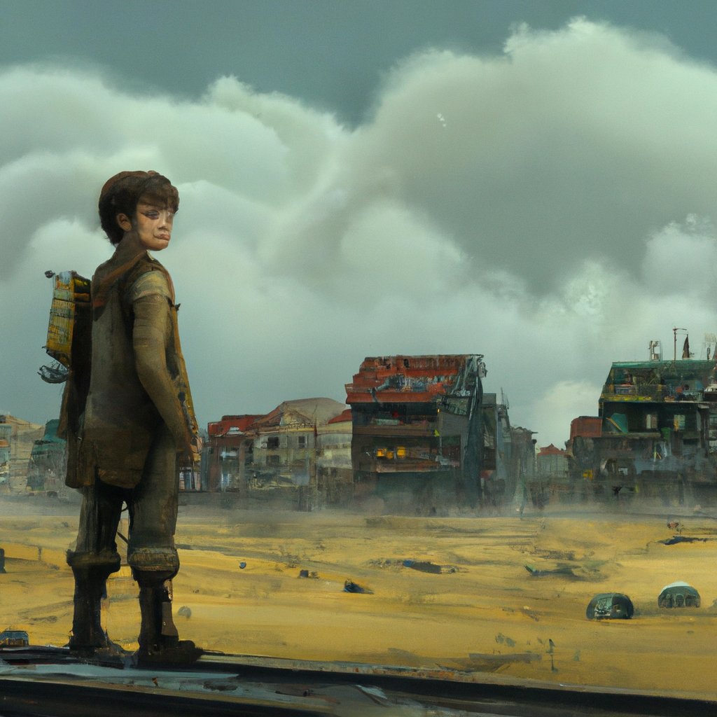 The young boy, brave, determined and hopeful, set off on an adventure to build a better life for his family, leaving the comfort of his small country behind. in a painting from stalenhag, 8 k, hdr, artstation, concept art