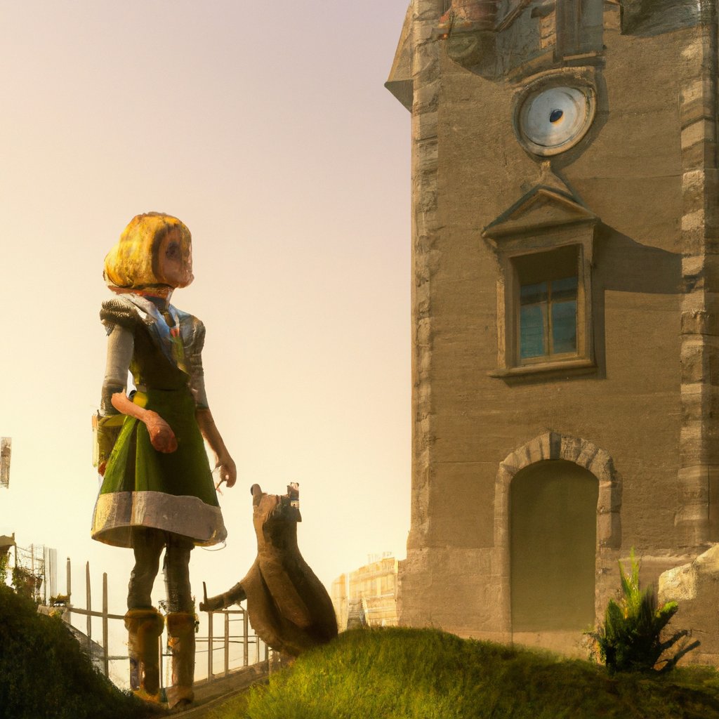 Aline, the young princess, awakened to the familiar, resounding chimes of the castle's ancient clock tower, ready to embark on her daily adventure with her beloved pet, Rina.