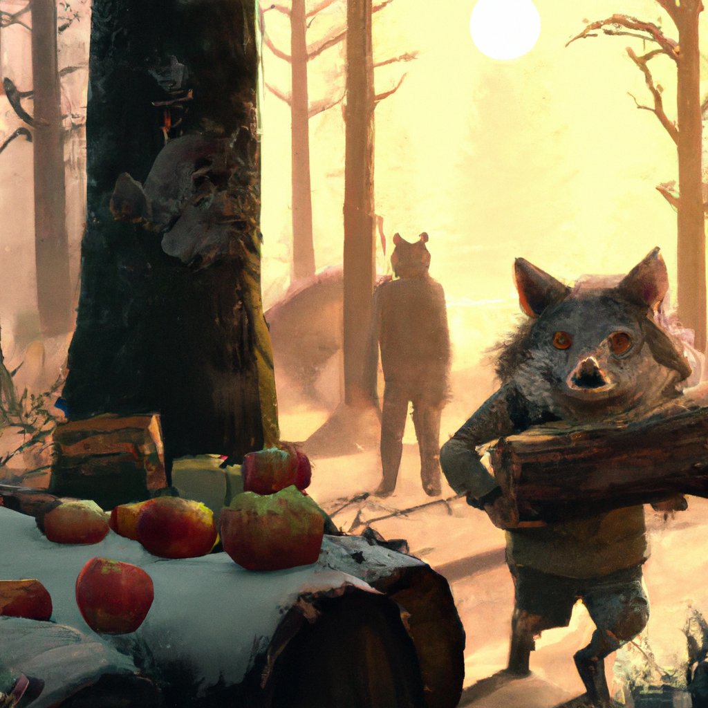 A cheeky, mischievous little wolf eagerly scoured the woods in search of sweet, succulent apples.