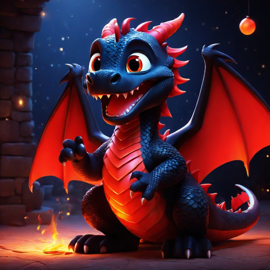 dragon, scales black as night, fiery red eyes, smiling, stepping aside