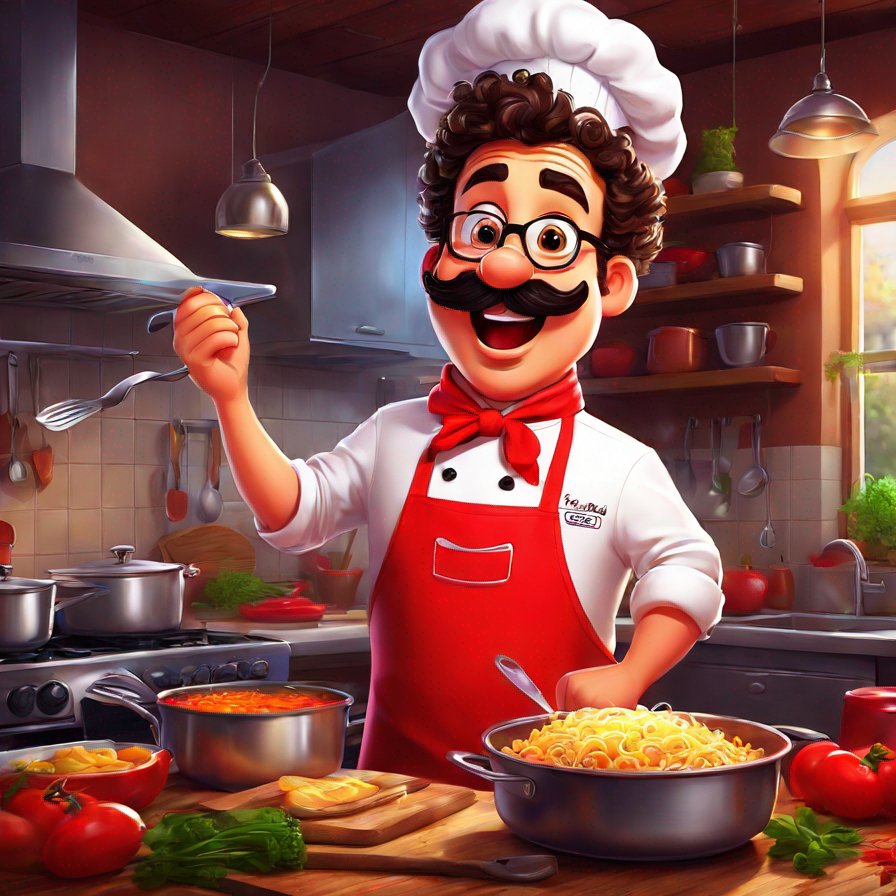 lively chef, big curly mustache, bold red apron, cooking