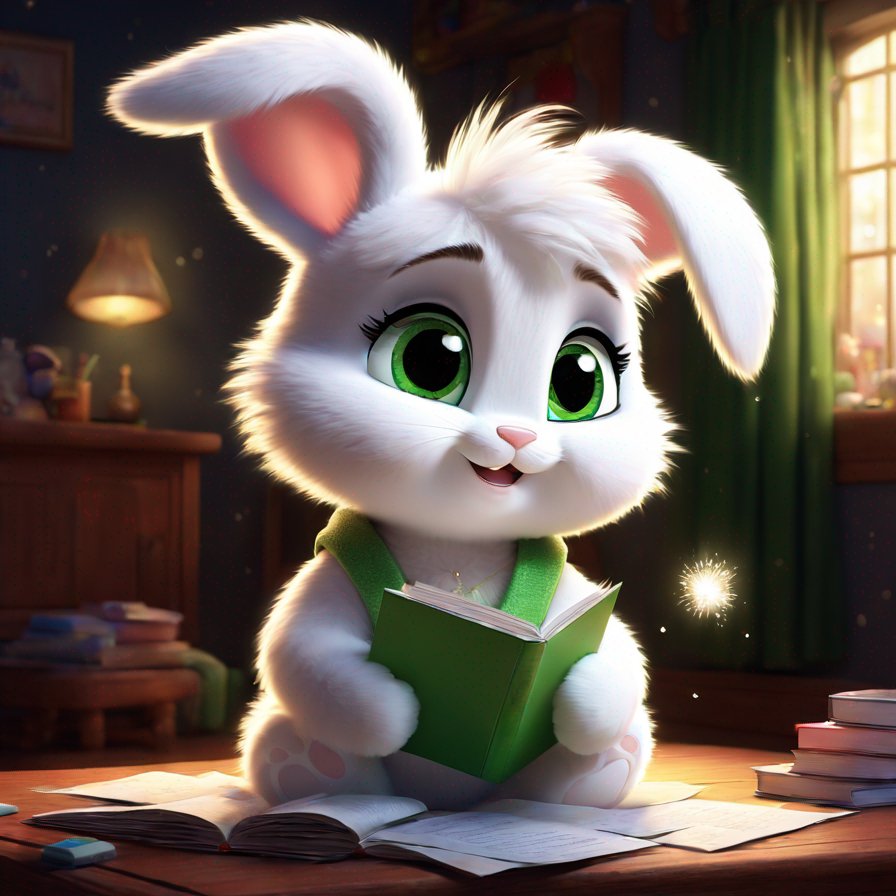 jolly bunny, fluffy white fur, sparkly green eyes, sad, holding a letter