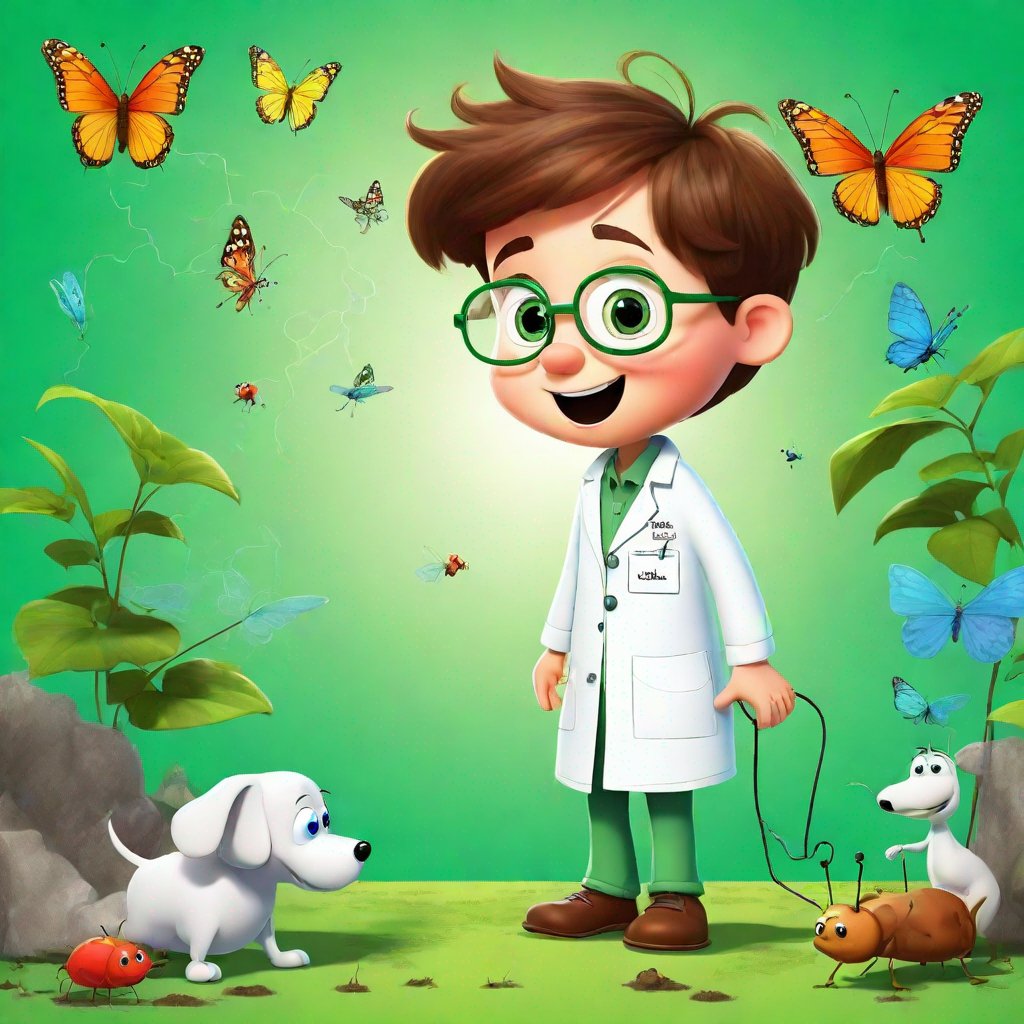 curious boy, brown hair, green overalls, following ants, elderly inventor, white lab coat, discussing butterfly habits